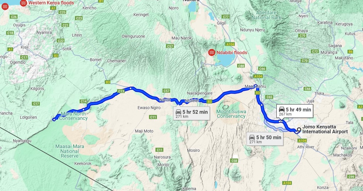 Jomo Kenyatta to Masai Mara Kenya Map and directions